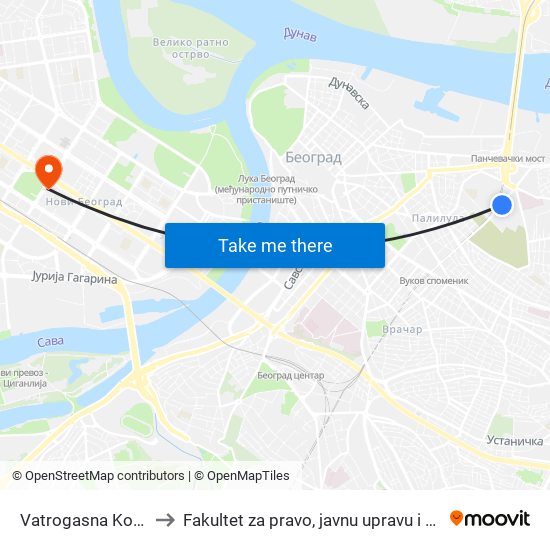 Vatrogasna Komanda to Fakultet za pravo, javnu upravu i bezbednost map