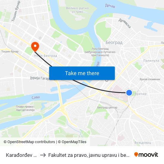 Karađorđev Park to Fakultet za pravo, javnu upravu i bezbednost map