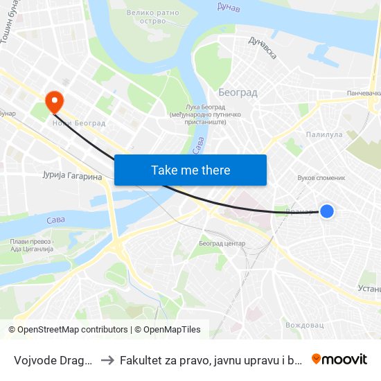 Vojvode Dragomira to Fakultet za pravo, javnu upravu i bezbednost map