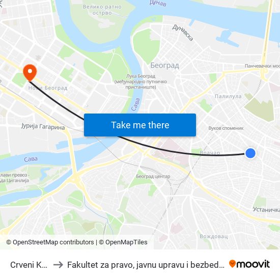 Crveni Krst to Fakultet za pravo, javnu upravu i bezbednost map