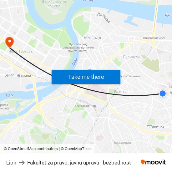 Lion to Fakultet za pravo, javnu upravu i bezbednost map