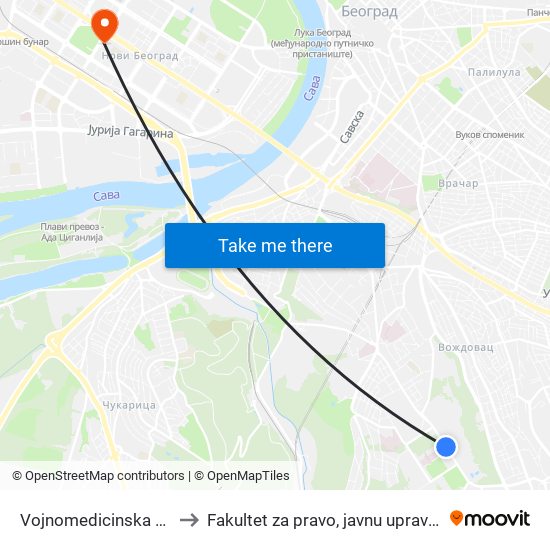 Vojnomedicinska Akademija to Fakultet za pravo, javnu upravu i bezbednost map