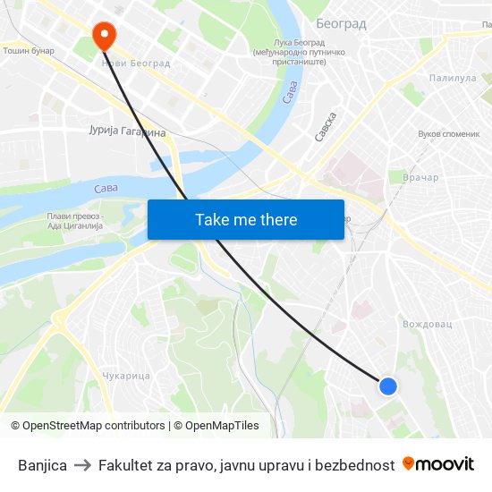 Banjica to Fakultet za pravo, javnu upravu i bezbednost map