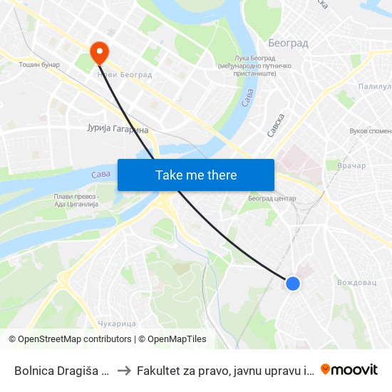 Bolnica Dragiša Mišović to Fakultet za pravo, javnu upravu i bezbednost map