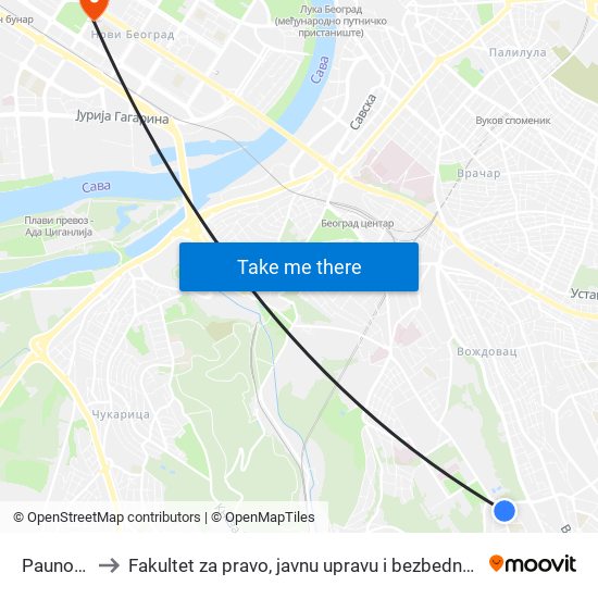 Paunova to Fakultet za pravo, javnu upravu i bezbednost map