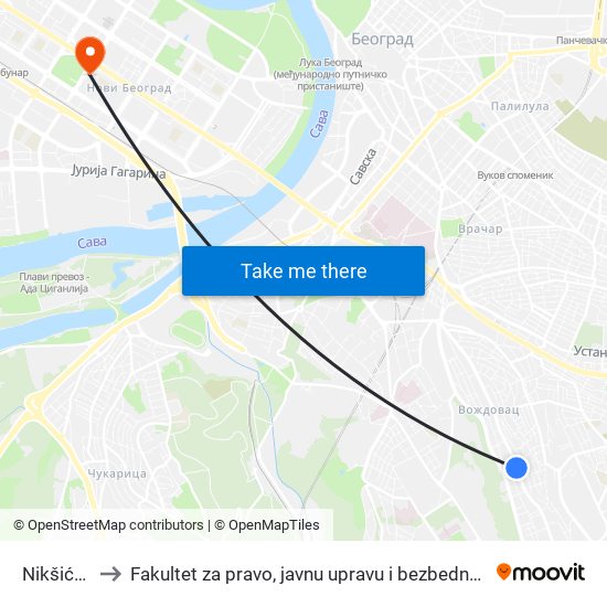 Nikšićka to Fakultet za pravo, javnu upravu i bezbednost map