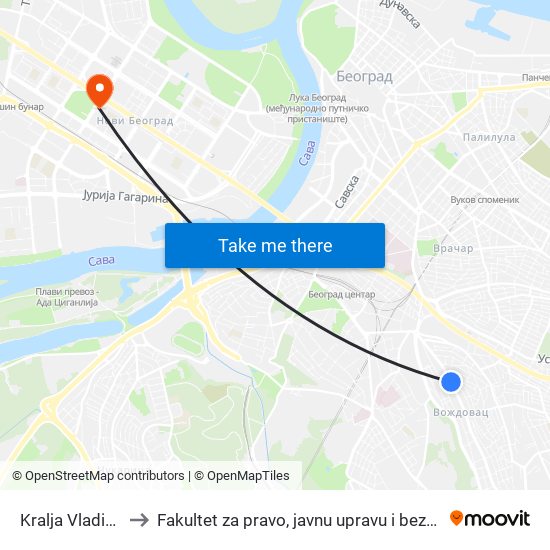 Kralja Vladimira to Fakultet za pravo, javnu upravu i bezbednost map