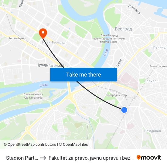 Stadion Partizan to Fakultet za pravo, javnu upravu i bezbednost map