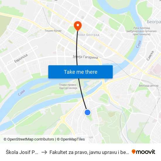 Škola Josif Pančić to Fakultet za pravo, javnu upravu i bezbednost map