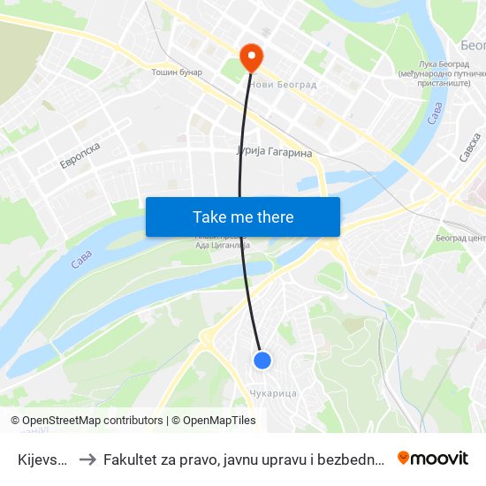 Kijevska to Fakultet za pravo, javnu upravu i bezbednost map