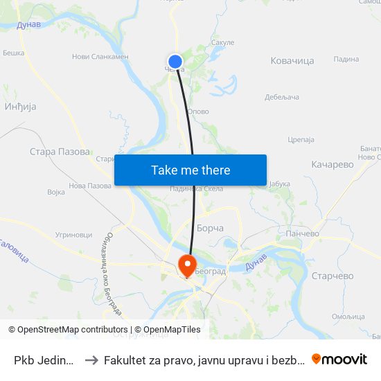 Pkb Jedinstvo to Fakultet za pravo, javnu upravu i bezbednost map