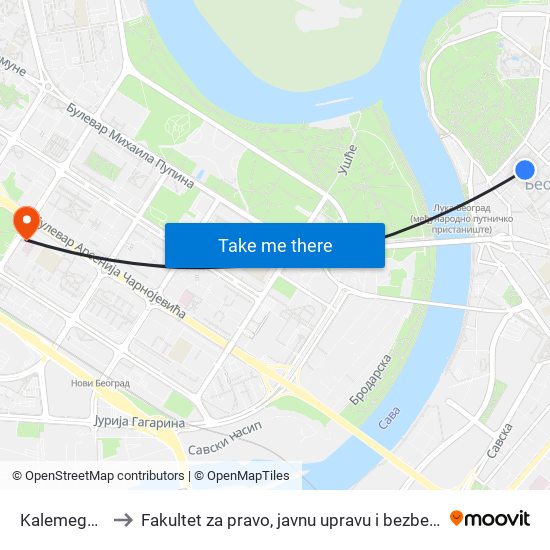 Kalemegdan to Fakultet za pravo, javnu upravu i bezbednost map