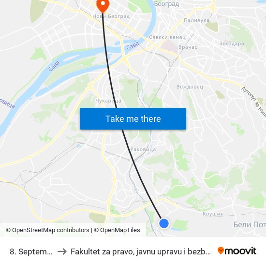 8. Septembra to Fakultet za pravo, javnu upravu i bezbednost map