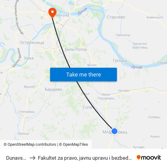 Dunavska to Fakultet za pravo, javnu upravu i bezbednost map