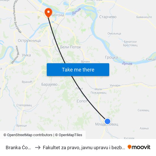 Branka Ćopića to Fakultet za pravo, javnu upravu i bezbednost map