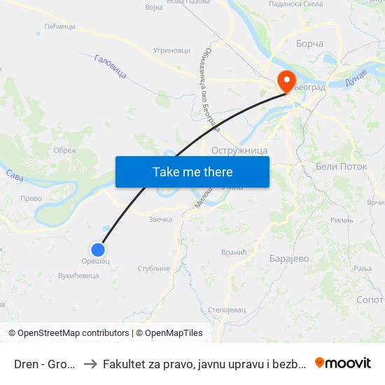 Dren - Groblje to Fakultet za pravo, javnu upravu i bezbednost map