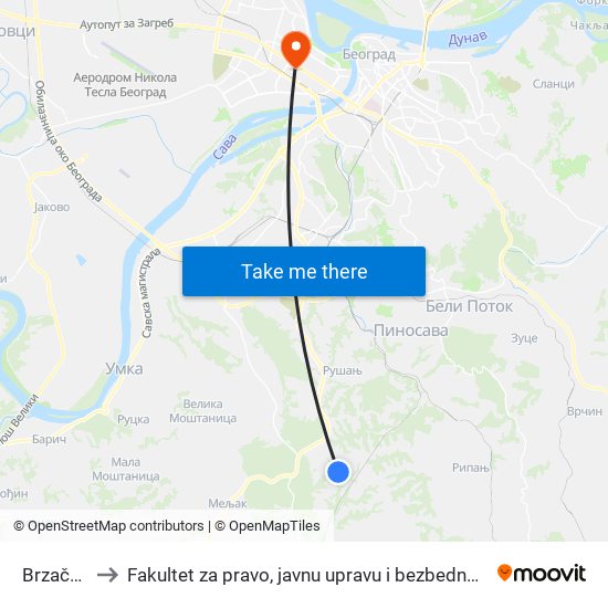 Brzačka to Fakultet za pravo, javnu upravu i bezbednost map