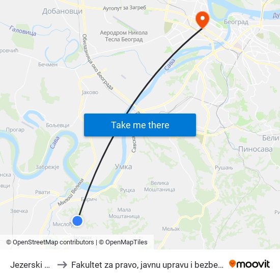 Jezerski Put to Fakultet za pravo, javnu upravu i bezbednost map