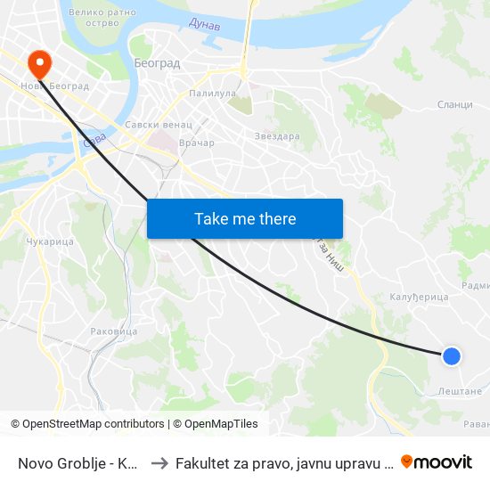 Novo Groblje - Kaluđerica to Fakultet za pravo, javnu upravu i bezbednost map