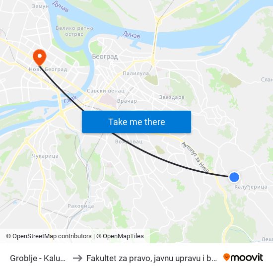 Groblje - Kaluđerica to Fakultet za pravo, javnu upravu i bezbednost map