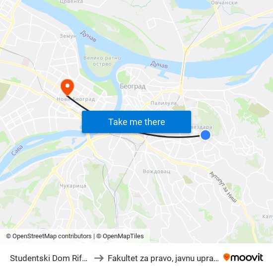 Studentski Dom Rifat Burdžević to Fakultet za pravo, javnu upravu i bezbednost map