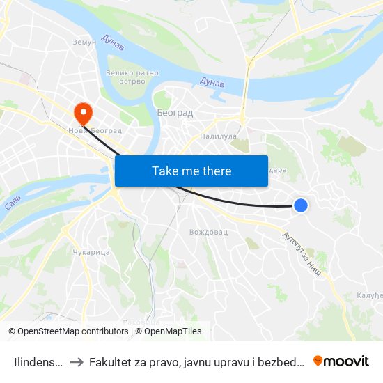 Ilindenska to Fakultet za pravo, javnu upravu i bezbednost map