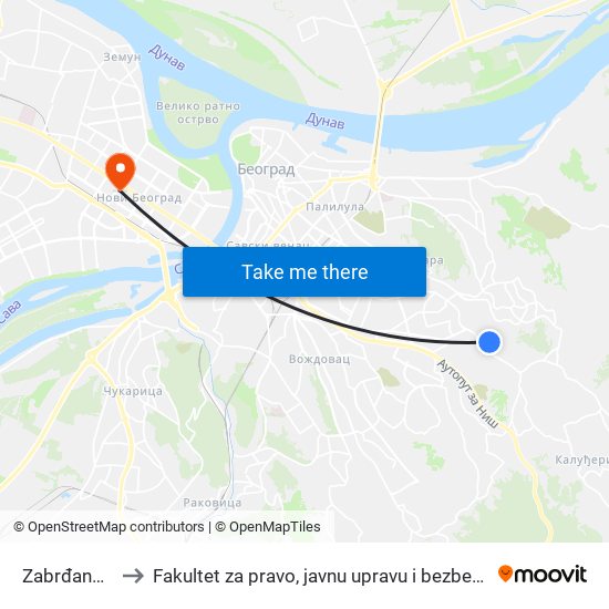 Zabrđanska to Fakultet za pravo, javnu upravu i bezbednost map