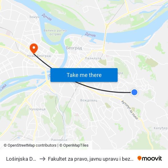 Lošinjska Donja to Fakultet za pravo, javnu upravu i bezbednost map