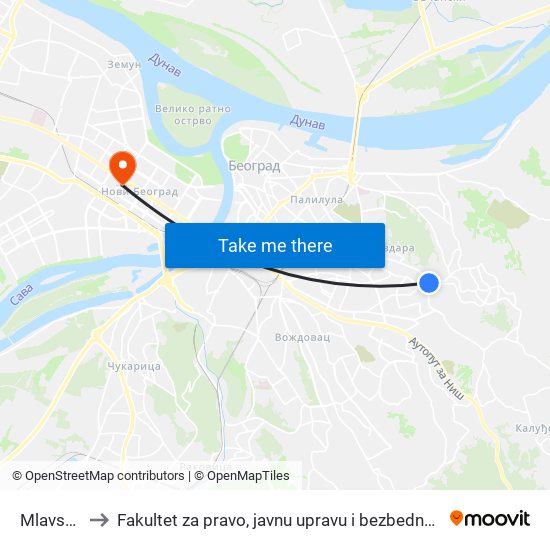 Mlavska to Fakultet za pravo, javnu upravu i bezbednost map