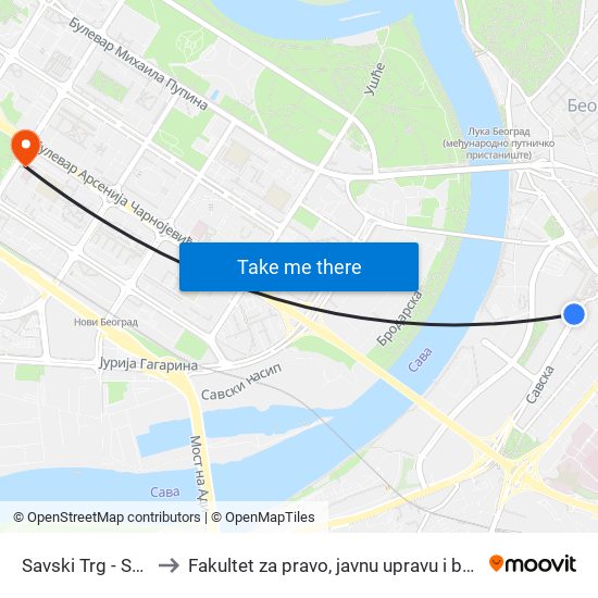 Savski Trg - Savska to Fakultet za pravo, javnu upravu i bezbednost map