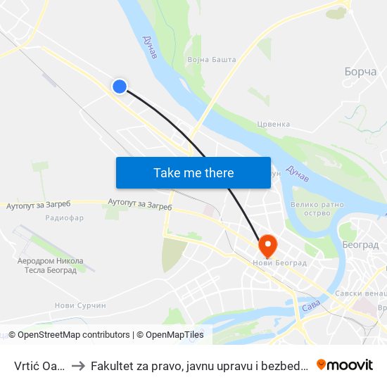 Vrtić Oaza to Fakultet za pravo, javnu upravu i bezbednost map