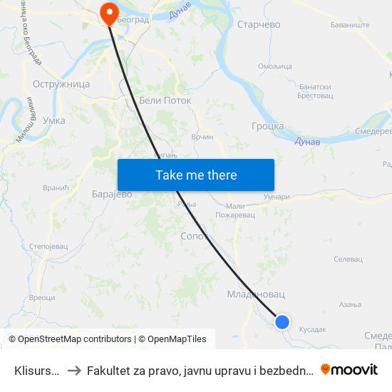 Klisurska to Fakultet za pravo, javnu upravu i bezbednost map