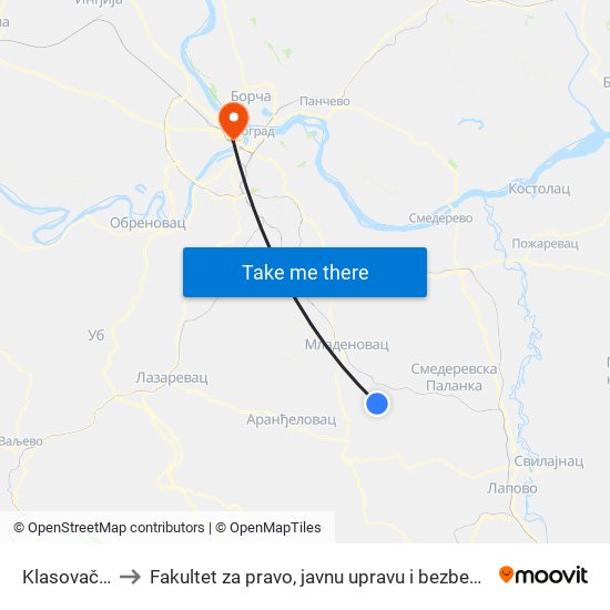 Klasovačka to Fakultet za pravo, javnu upravu i bezbednost map