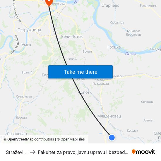 Straževica to Fakultet za pravo, javnu upravu i bezbednost map