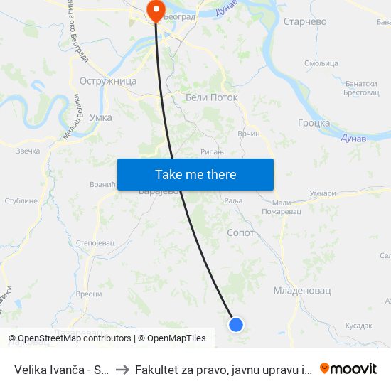 Velika Ivanča - Strugara to Fakultet za pravo, javnu upravu i bezbednost map