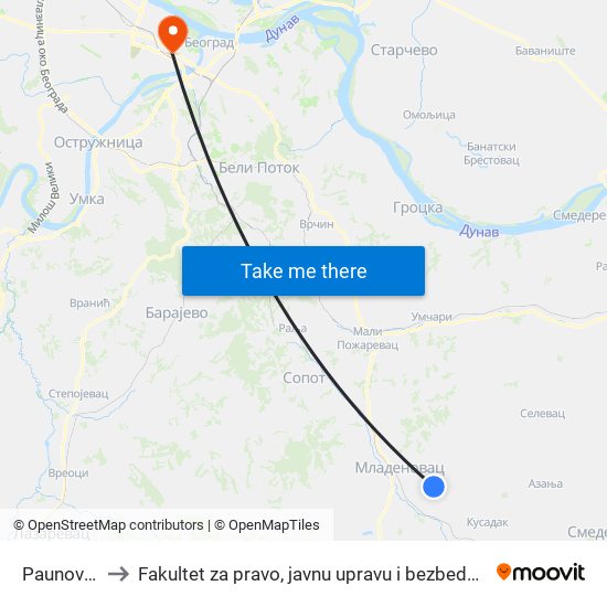 Paunovići to Fakultet za pravo, javnu upravu i bezbednost map