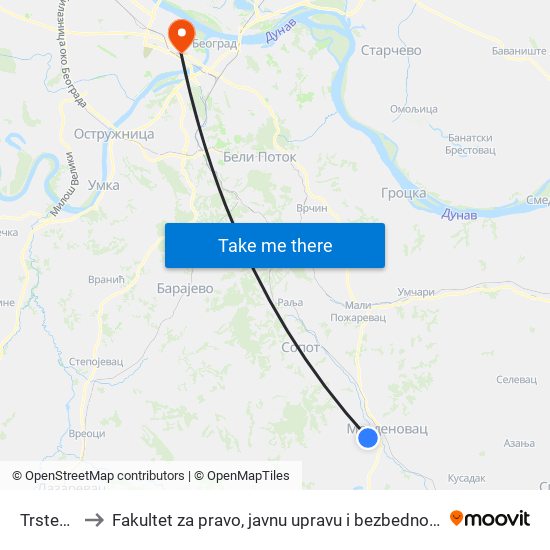 Trstena to Fakultet za pravo, javnu upravu i bezbednost map