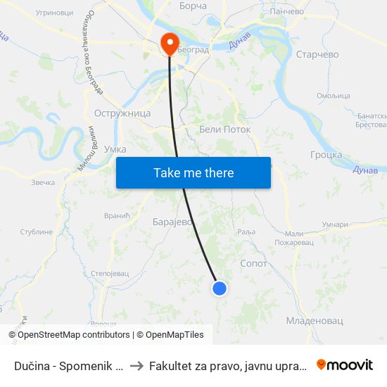 Dučina - Spomenik - Okretnica to Fakultet za pravo, javnu upravu i bezbednost map