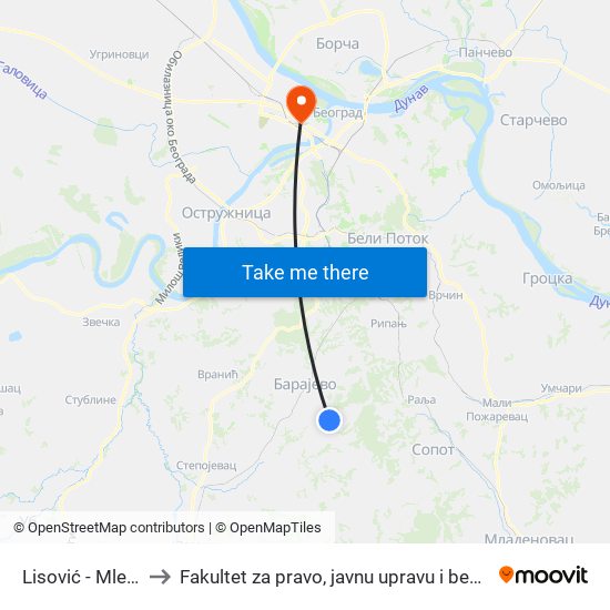 Lisović - Mlekara to Fakultet za pravo, javnu upravu i bezbednost map