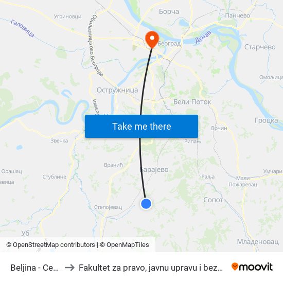 Beljina - Centar to Fakultet za pravo, javnu upravu i bezbednost map