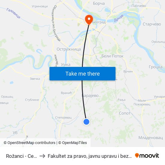 Rožanci - Centar to Fakultet za pravo, javnu upravu i bezbednost map