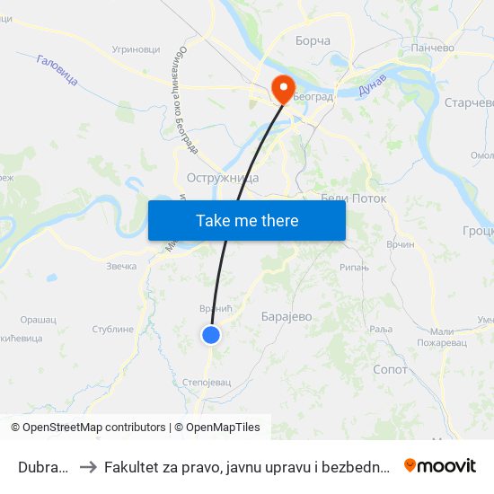 Dubrave to Fakultet za pravo, javnu upravu i bezbednost map