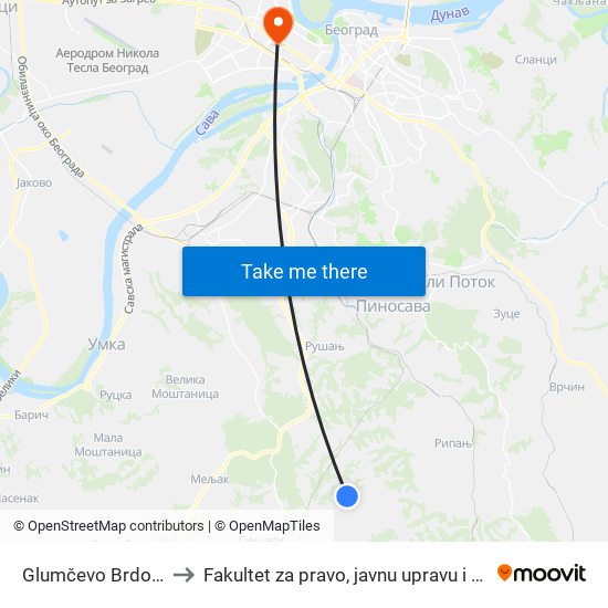 Glumčevo Brdo - Dom to Fakultet za pravo, javnu upravu i bezbednost map