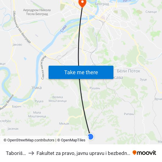 Taborište to Fakultet za pravo, javnu upravu i bezbednost map