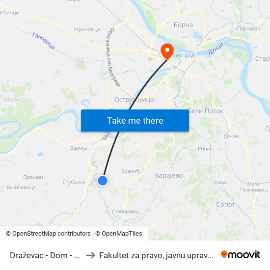 Draževac - Dom - Okretnica to Fakultet za pravo, javnu upravu i bezbednost map