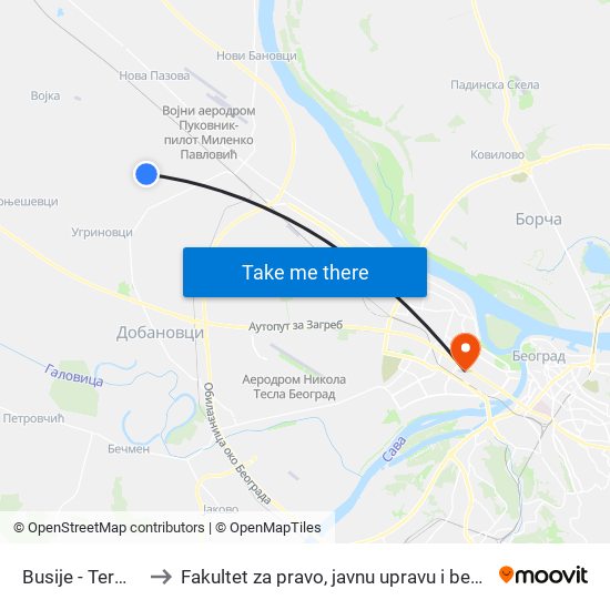 Busije - Terminus to Fakultet za pravo, javnu upravu i bezbednost map