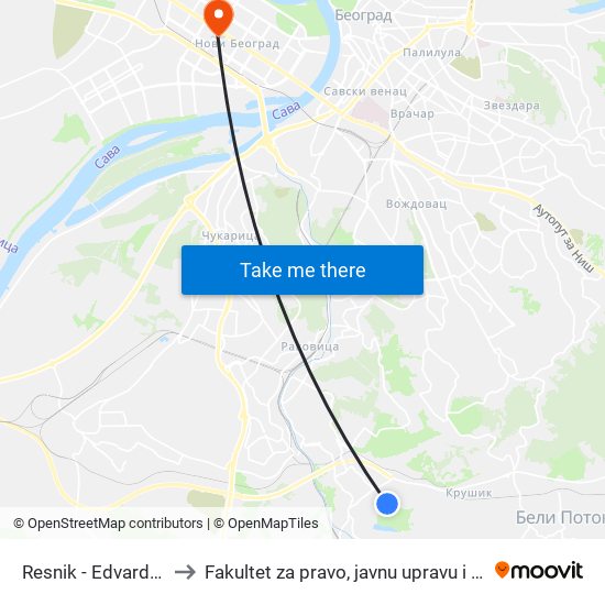 Resnik - Edvarda Griga to Fakultet za pravo, javnu upravu i bezbednost map