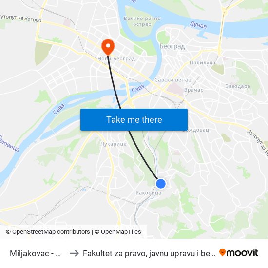 Miljakovac - Pijaca to Fakultet za pravo, javnu upravu i bezbednost map