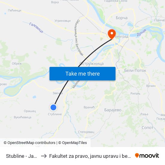 Stubline - Jadrani to Fakultet za pravo, javnu upravu i bezbednost map