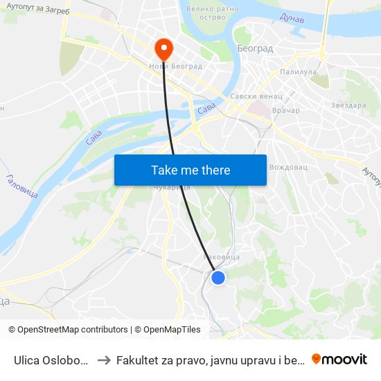 Ulica Oslobođenja to Fakultet za pravo, javnu upravu i bezbednost map